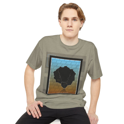 Man wearing heather stone long body urban tee adorned with Afro Nature art, inspirational text, eKuumeArt logo and geometric design.