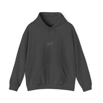Dark Heather hoodie adorned with 'Breathe' handwritten text on chest.