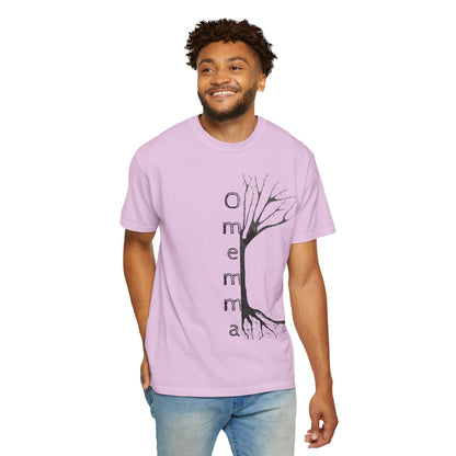 Man wearing orchid tshirt with hand-drawn tree, 'Omemma' text and eKuumeArt logo on torso.