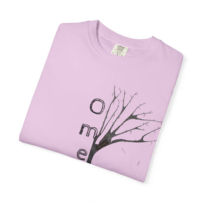 Orchid tshirt, folded displaying hand-drawn tree with 'Omemma' text and eKuumeArt logo on chest.