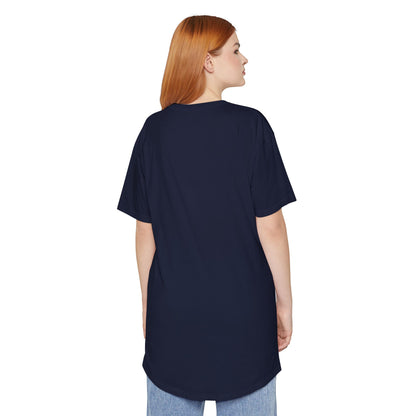 Woman wearing navy long body urban tee displaying rounded back hem - back view.