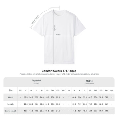 White tshirt displayed with size guide chart in both inches and centimeters.