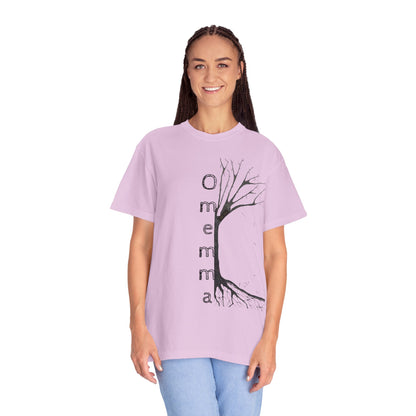 Woman wearing orchid tshirt with hand-drawn tree, 'Omemma' text and eKuumeArt logo on torso.