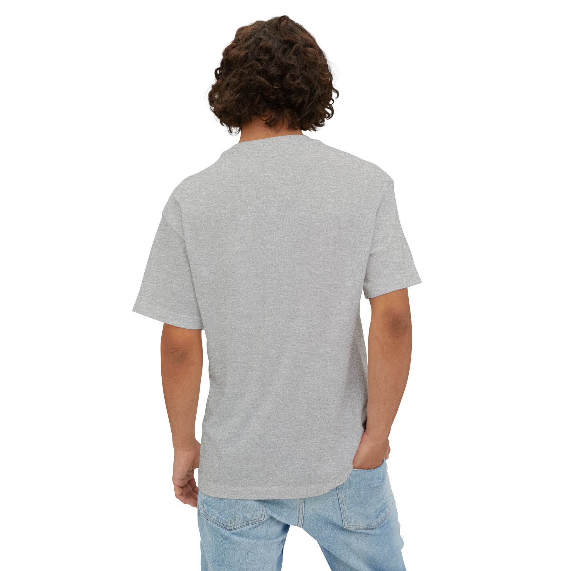 Man wearing athletic heather tshirt – back view.