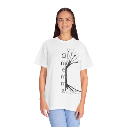 Woman wearing white tshirt with hand-drawn tree, 'Omemma' text and eKuumeArt logo on torso.