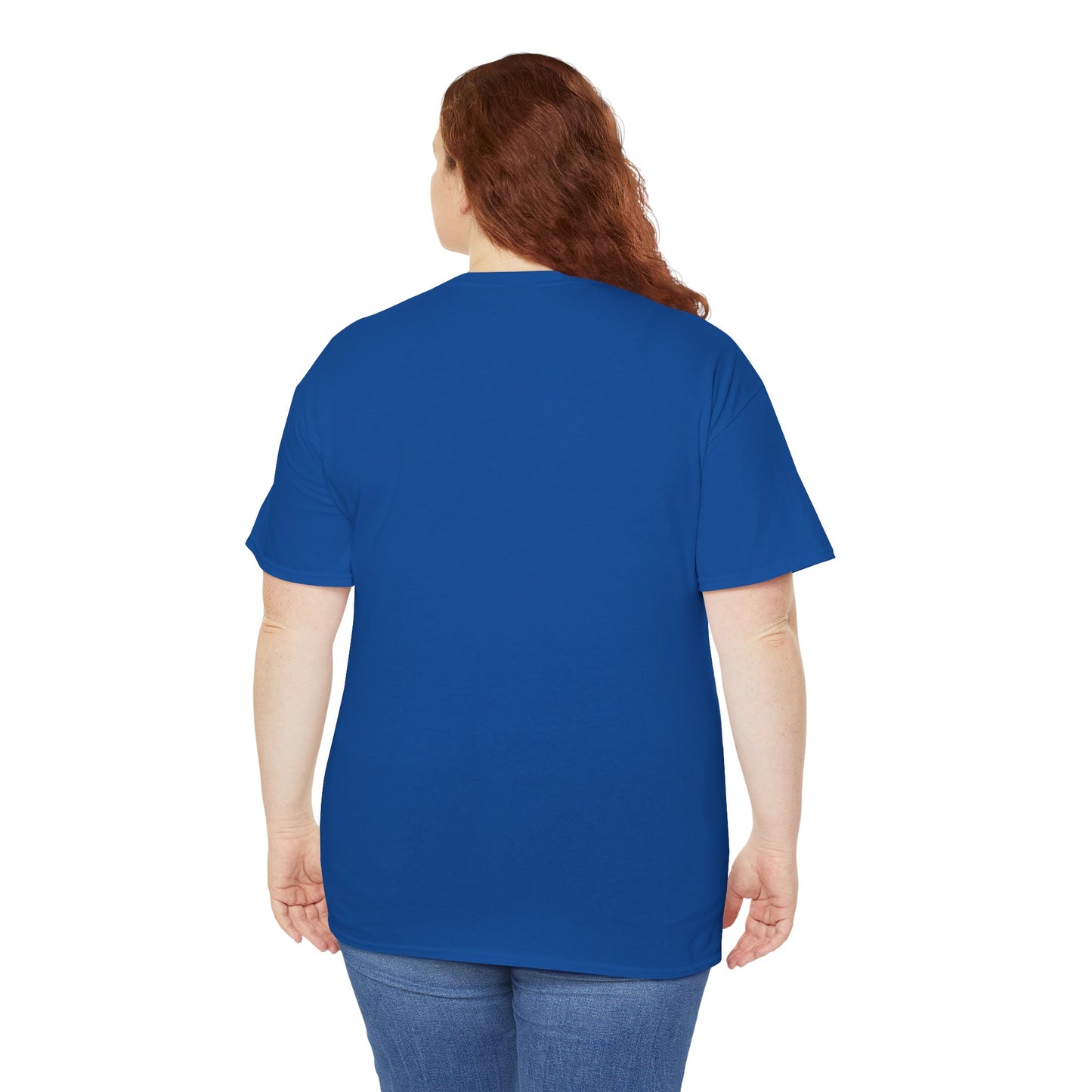 Woman wearing a royal blue heavy cotton t-shirt - back view.