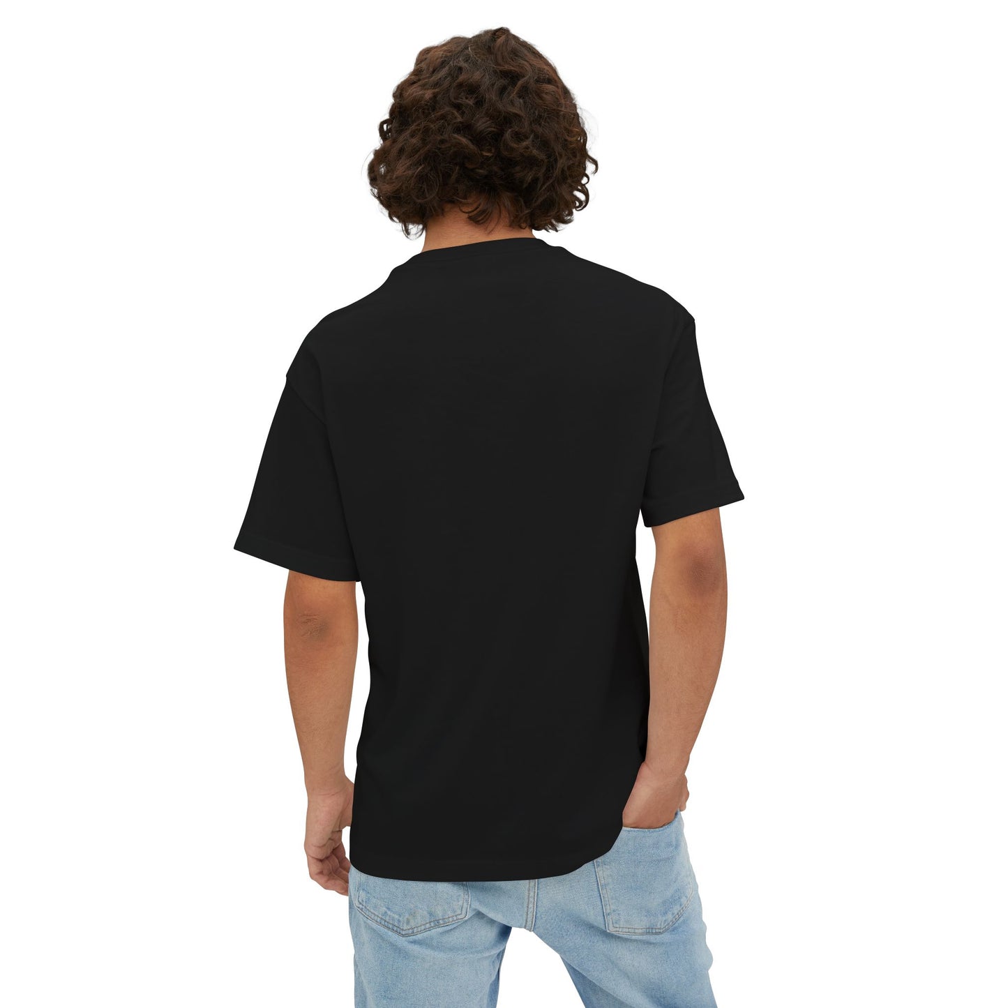 Man wearing black tshirt – back view.