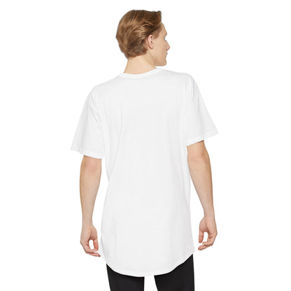Man wearing white long body urban tee displaying rounded back hem - back view.
