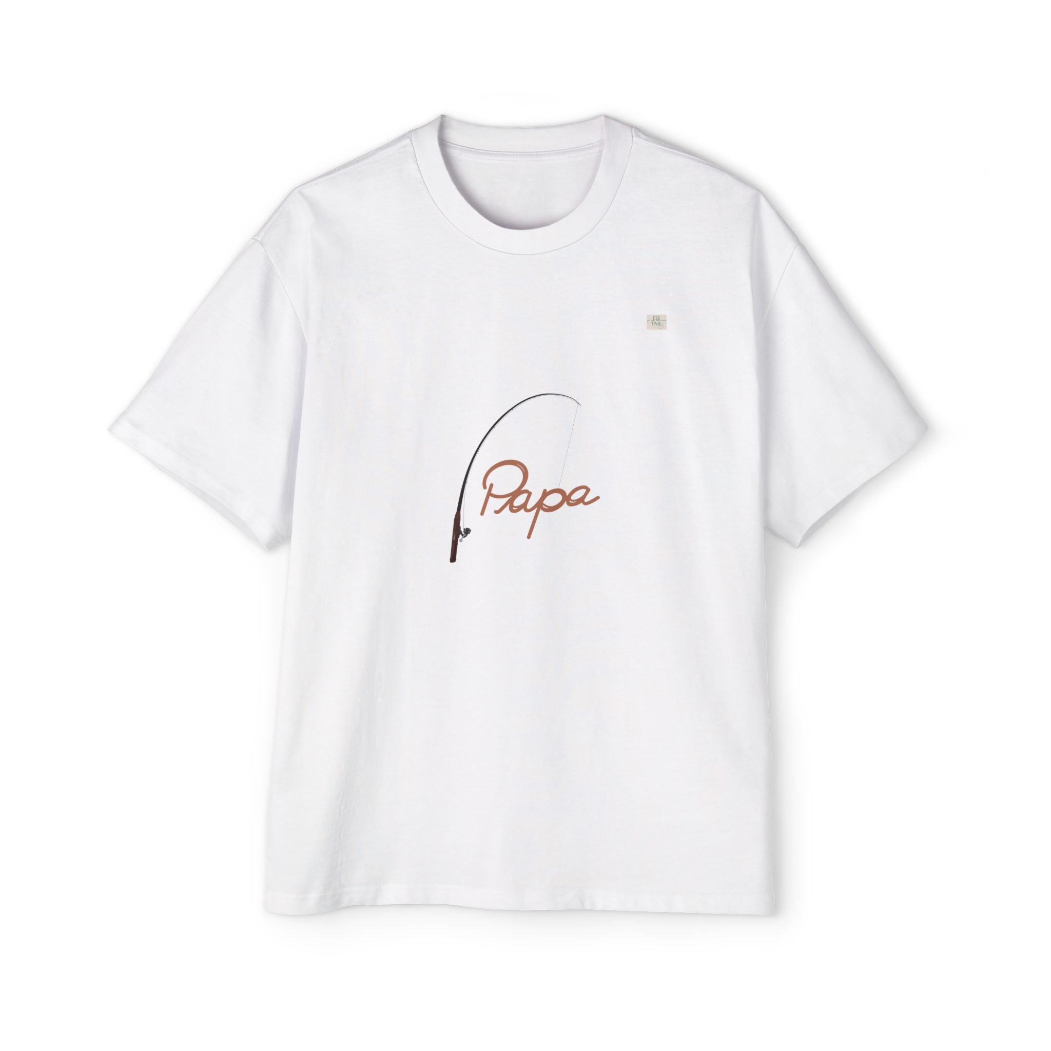 White oversized t-shirt with hand-drawn 'Papa' and fishing rod art on front | eKuumeArt.
