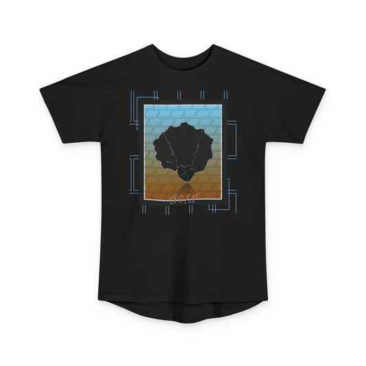 Black long body tee adorned with hand-drawn Afro Nature art and 'DVAF (dream, value, aspire, forgive)' text in earthy tones, eKuumeArt logo and geometric lines