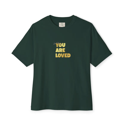 Forest Green t-shirt adorned with 'You Are Loved' text in gold and eKuumeArt neck label.