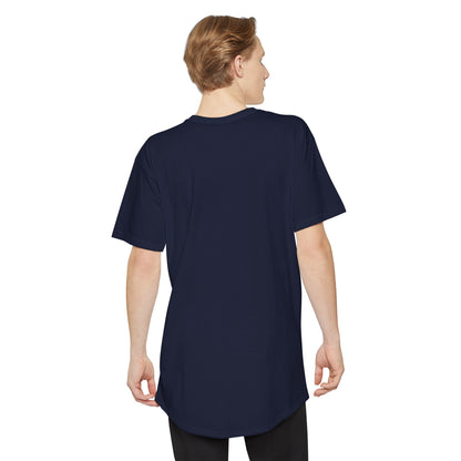 Man wearing navy long body urban tee displaying rounded back hem – back view.