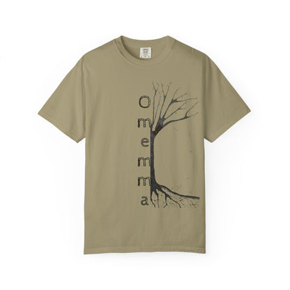 Khaki tshirt adorned with hand-drawn tree, 'Omemma' text and eKuumeArt logo on torso.