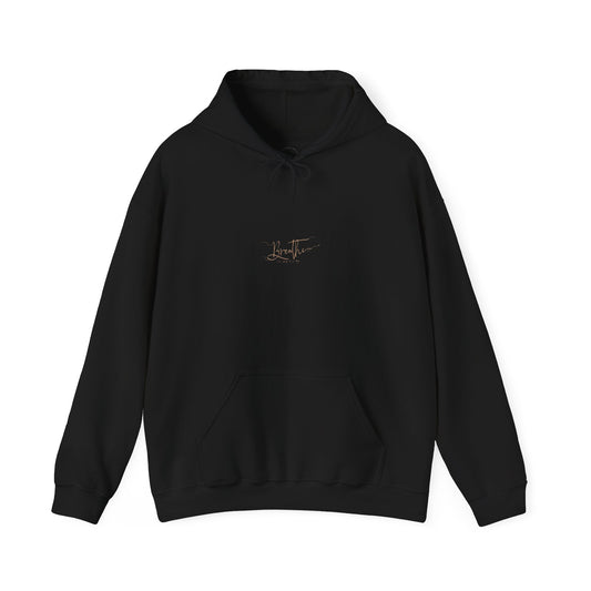 Black hoodie adorned with 'Breathe' handwritten text on chest