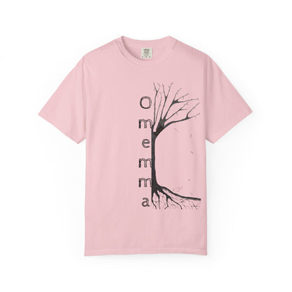 Blossom tshirt adorned with hand-drawn tree, 'Omemma' text and eKuumeArt logo on torso.