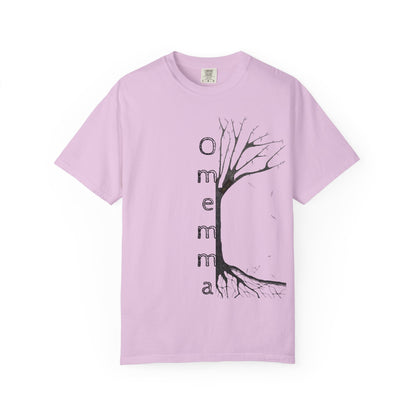 Orchid tshirt adorned with hand-drawn tree, 'Omemma' text and eKuumeArt logo on torso.