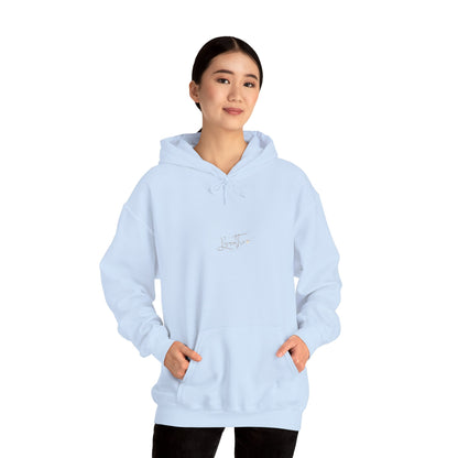 Woman wearing light blue hoodie with 'Breathe' on chest – front view.