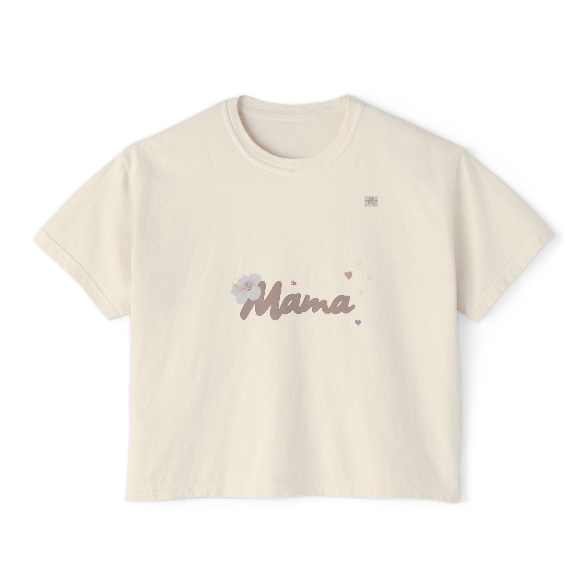 Ivory White oversized boxy women's t-shirt adorned with original 'mama' text art on it | eKuumeArt.