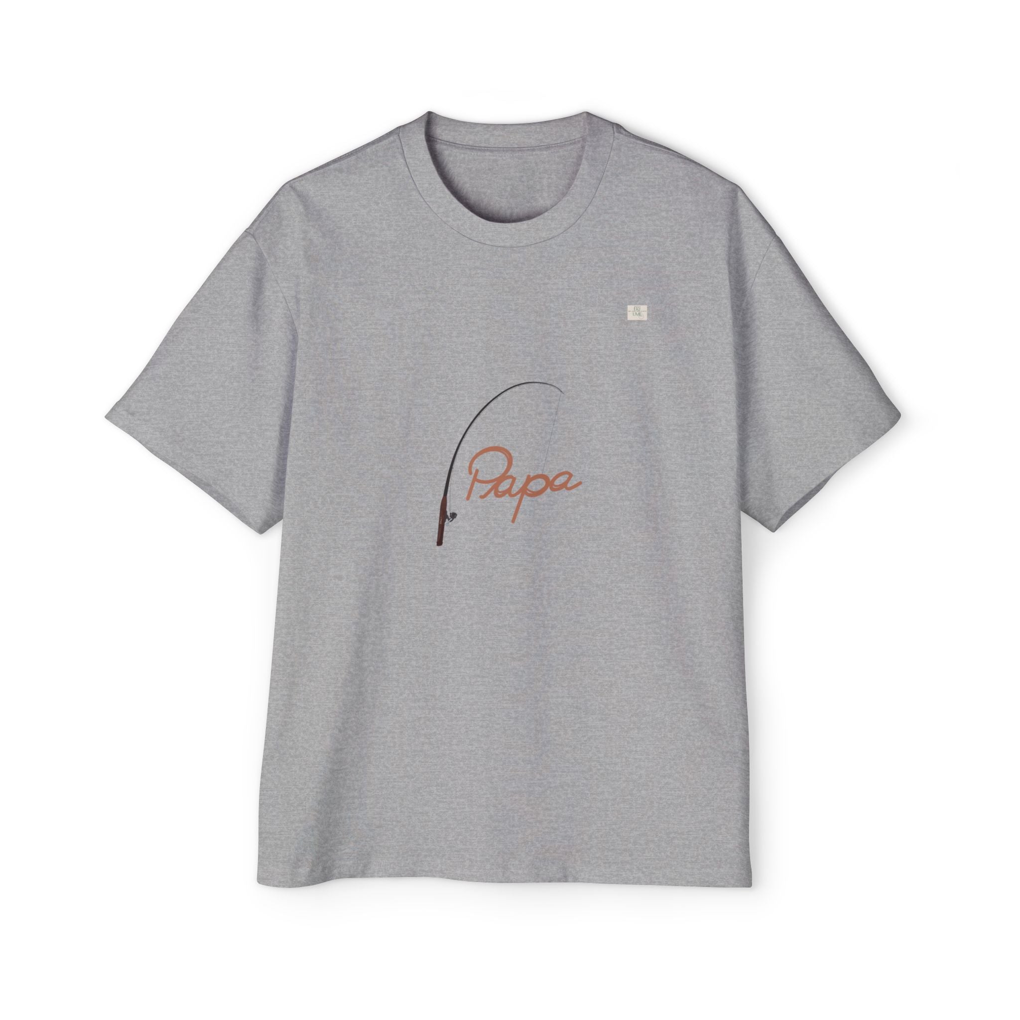 Athletic heather grey oversized t-shirt with hand-drawn 'Papa' and fishing rod art on front | eKuumeArt.