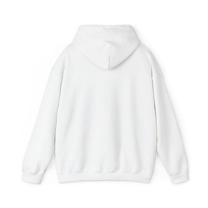 White hoodie – back view displaying hood down.
