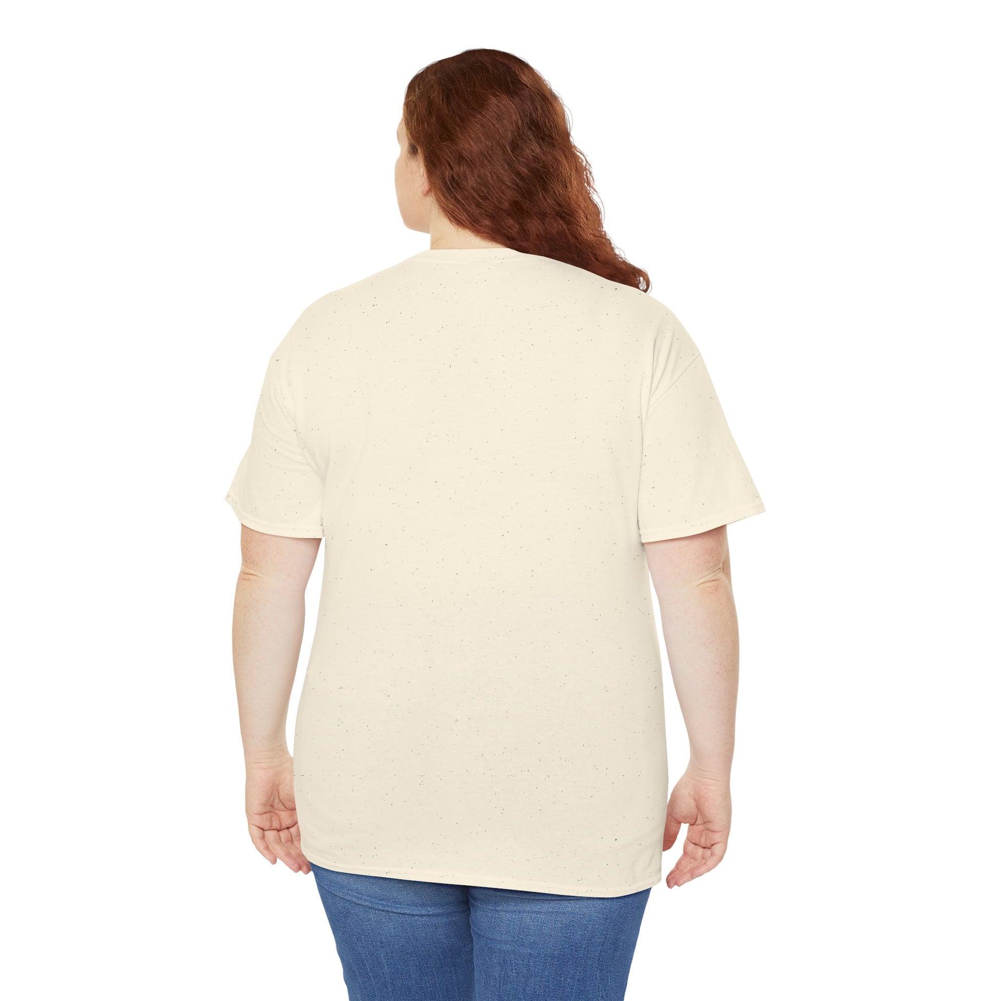 Woman wearing a natural/beige heavy cotton t-shirt - back view.