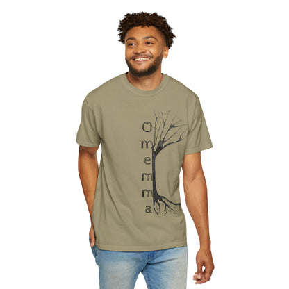 Man wearing khaki tshirt with hand-drawn tree, 'Omemma' text and eKuumeArt logo on torso.