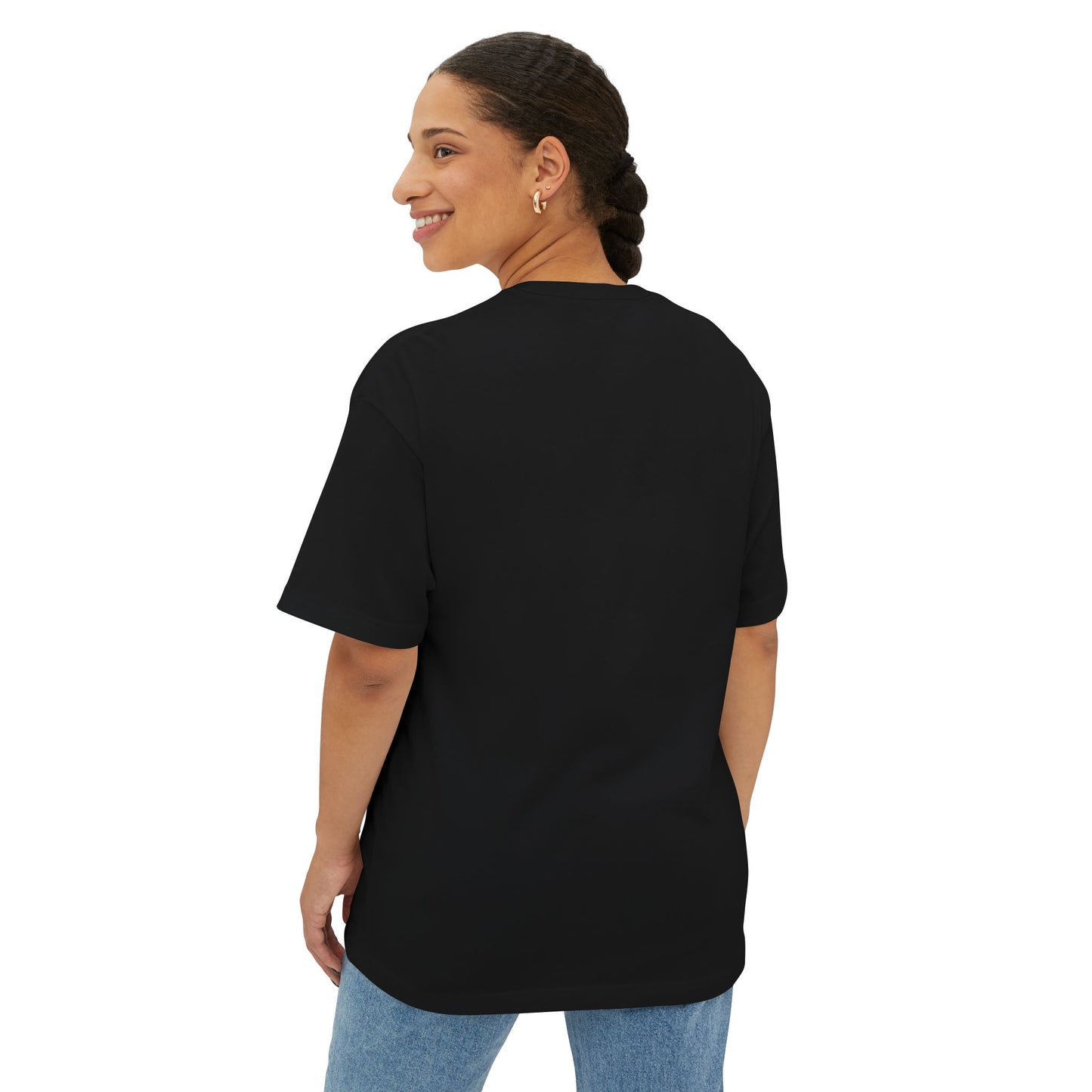 Woman wearing black tshirt – back view.