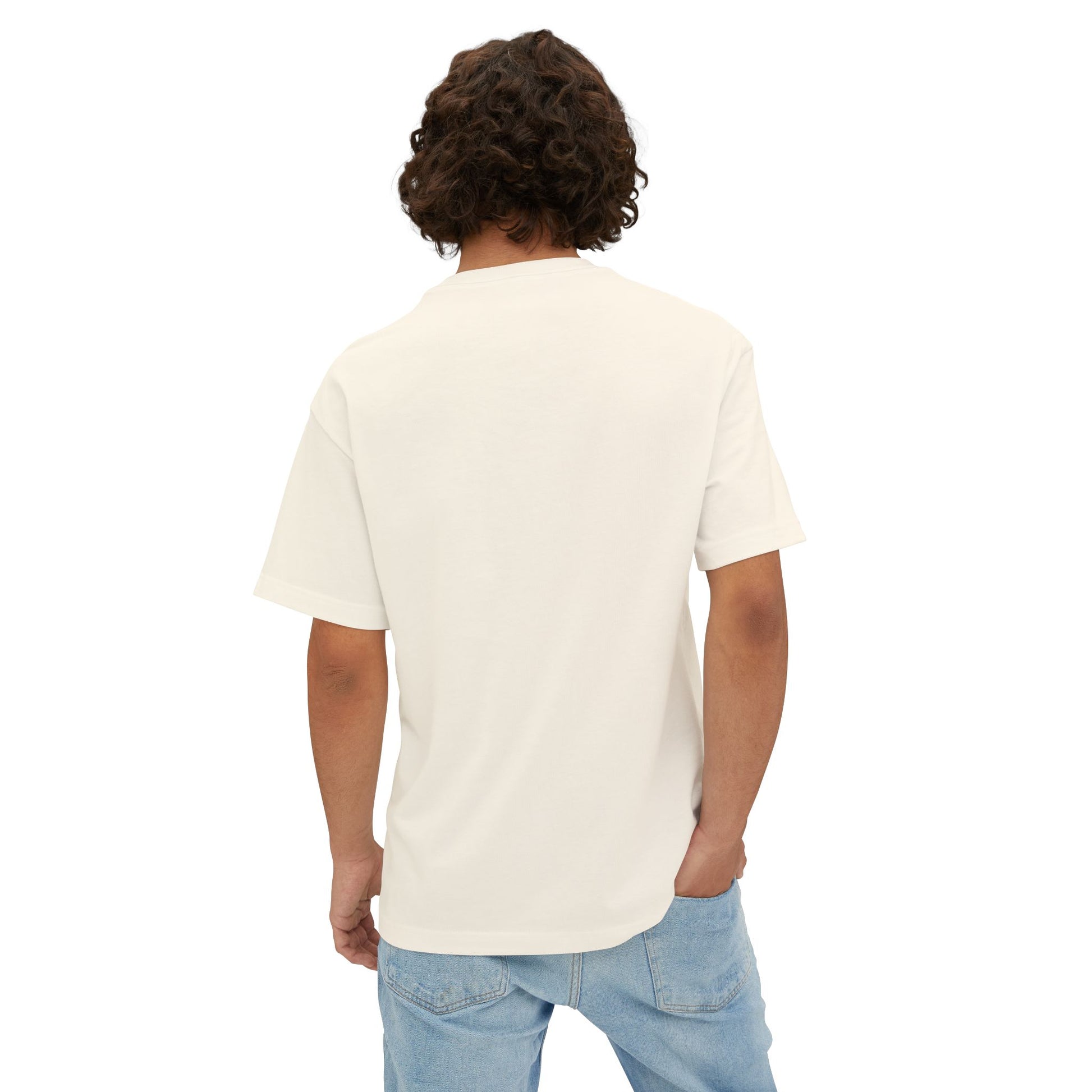 Man wearing natural tshirt – back view.
