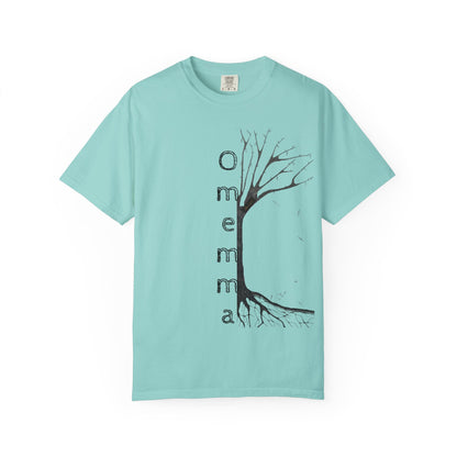 Chalky Mint tshirt adorned with hand-drawn tree, 'Omemma' text and eKuumeArt logo on torso.