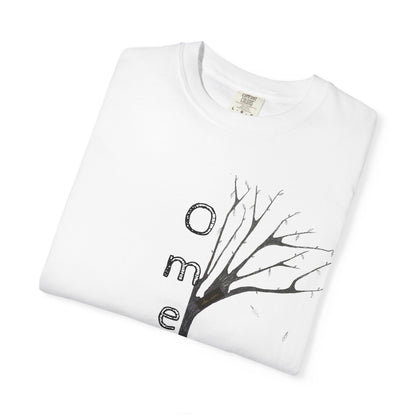White tshirt, folded displaying hand-drawn tree with 'Omemma' text and eKuumeArt logo on chest.
