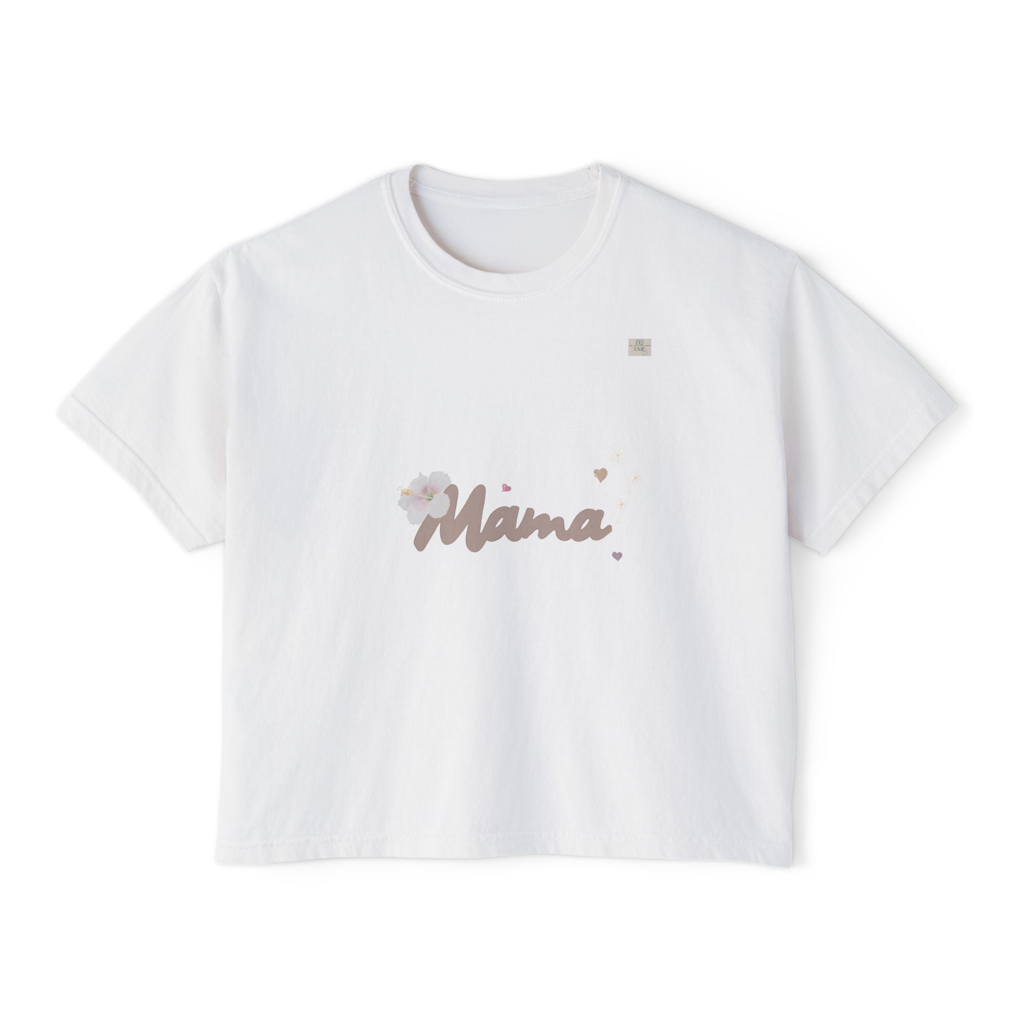 White oversized boxy women's t-shirt adorned with original 'mama' text art on it | eKuumeArt.