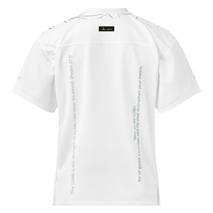 White mesh football jersey adorned with lined leaves across shoulder area and eKuumeArt logo – back view, showing Psalm 27:1 and 14 on back.