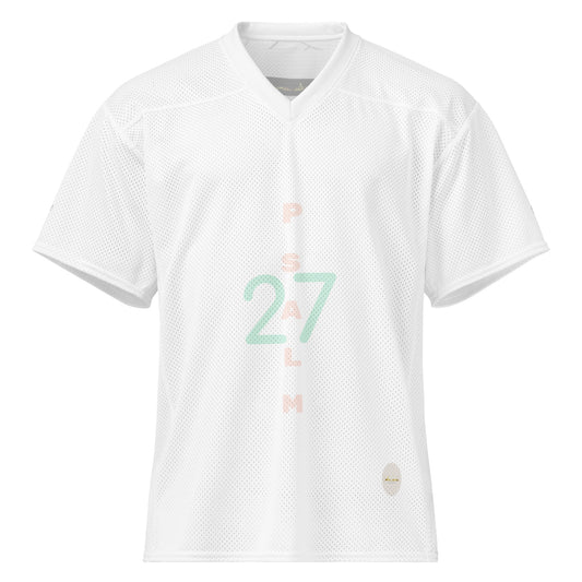 White unisex mesh football jersey adorned with 'Psalm 27' and eKuumeArt logo on torso - athletic faith-based jersey