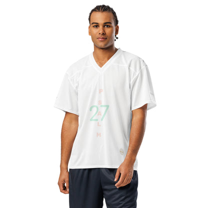 Man wearing white mesh football jersey with 'Psalm 27' and eKuumeArt logo on torso.