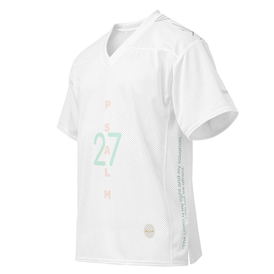 White mesh football jersey adorned with 'Psalm 27' and eKuumeArt logo on torso - angled view showing Psalm 27:1 writing on left side
