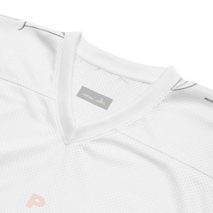 White mesh football jersey, closeup of eKuumeArt label – front view.