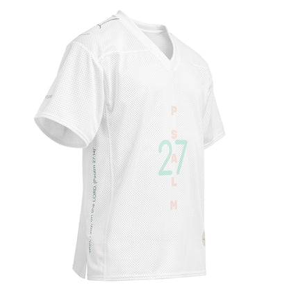 White mesh football jersey adorned with 'Psalm 27' and eKuumeArt logo on torso – angled view, showing Psalm 27:1 writing on right side.