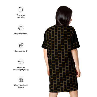 Woman wearing t-shirt dress with geometric design on back and sleeves - back view.