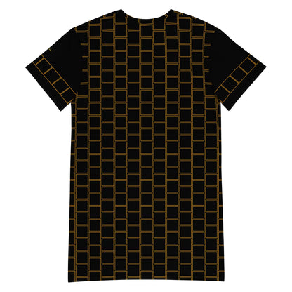 T-shirt dress with geometric design on back and sleeves - back view.