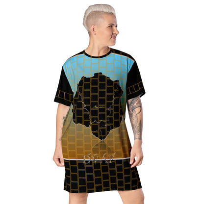 Woman wearing t-shirt dress with Afro Nature art and inspirational text, eKuumeArt logo and geometric design on front and sleeves.