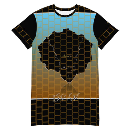 T-shirt dress adorned with Afro Nature art, inspirational text, eKuumeArt logo and geometric design on front and sleeves.