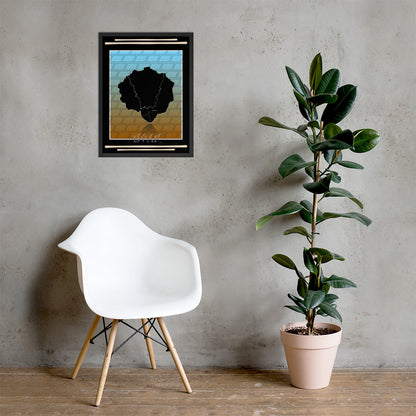 Framed poster adorned with Afro Nature art, inspirational text and eKuumeArt logo – displayed on a concrete wall above white accent chair near a tall plant.