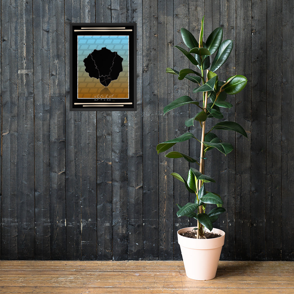 Framed poster adorned with Afro Nature art, inspirational text and eKuumeArt logo – displayed on a dark wooden wall with a tall plant on the side.