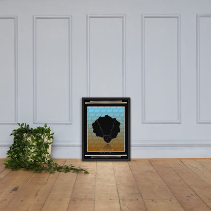 Framed poster adorned with Afro Nature art, inspirational text and eKuumeArt logo – displayed on a wooden floor with a plant, against a grey accent wall.