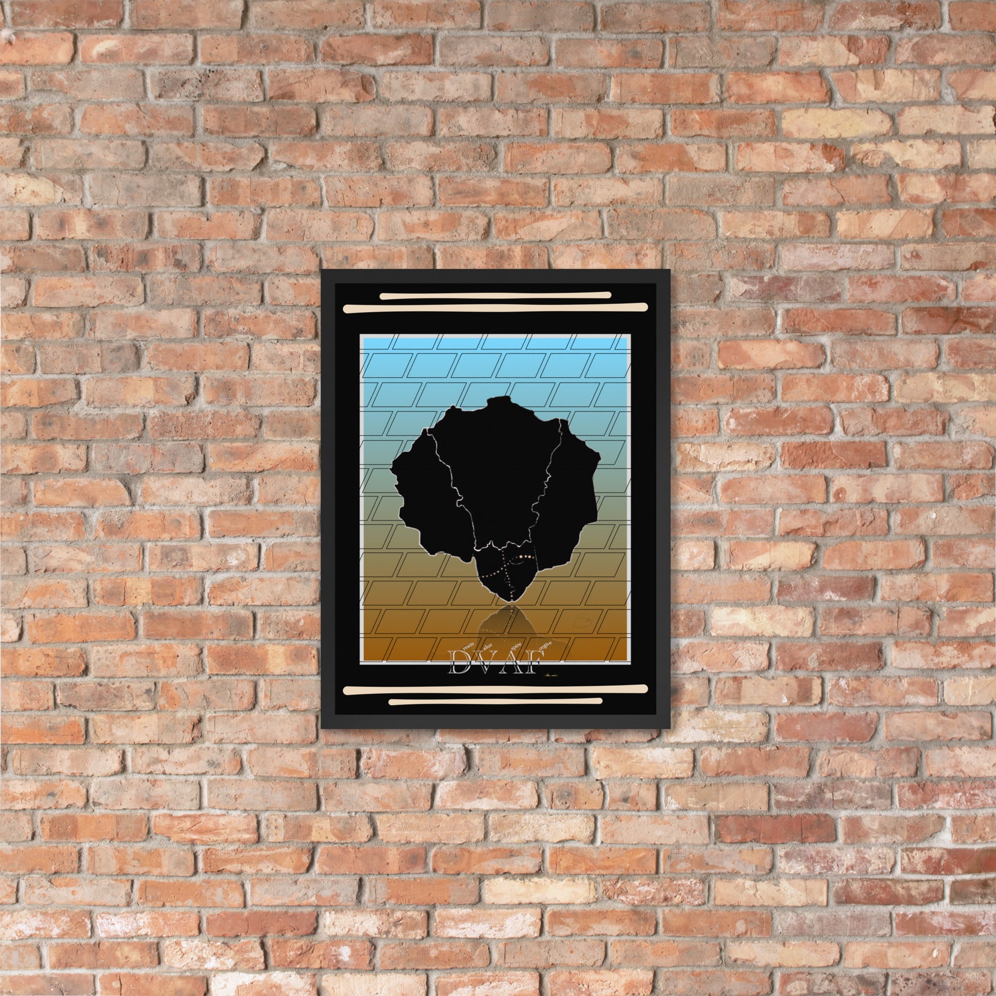 Framed poster adorned with hand-drawn Afro Nature art and 'DVAF (dream, value, aspire, forgive)' text in earthy tones - displayed on a red-brick wall