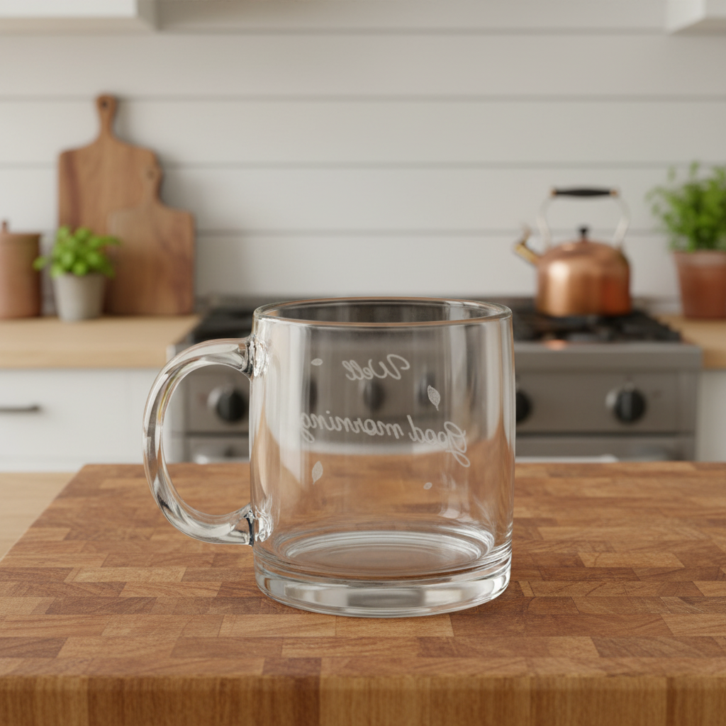 Empty glass mug on farmhouse kitchen counter top | eKuumeArt