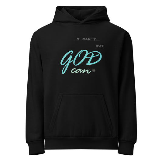 Black urban hoodie adorned with 'I can't but God can' written on chest