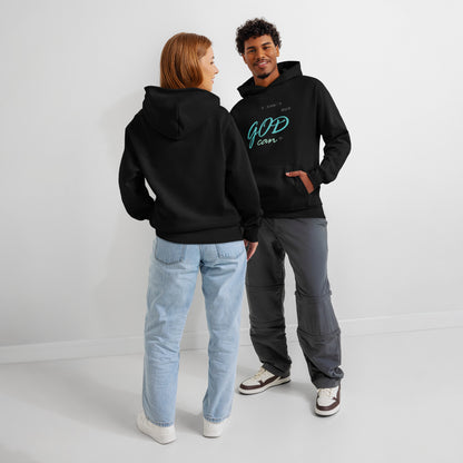 Man and woman wearing black hoodies with 'I can't but God can' text – back and front views.