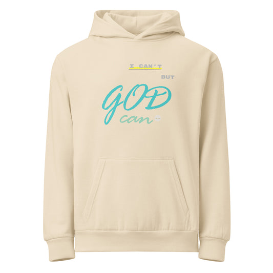 Sandshell urban hoodie adorned with 'I can't but God can' text on chest