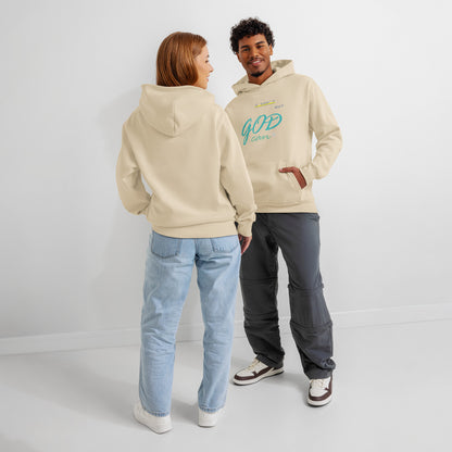 Man and woman wearing sandshell hoodies with 'I can't but God can' text – back and front views.